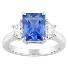 Afbeelding in Gallery-weergave laden, Blauwe Saffier 3 Stenen Ring Halve Maan Diamanten Prong Set 3,50 Karaat
