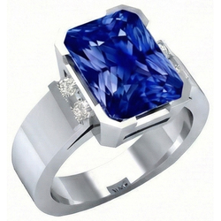 Blauwe Saffier Heren Ring 4 Karaat Bar Set Gouden Prinses Diamanten