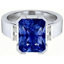 Afbeelding in Gallery-weergave laden, Blauwe Saffier Heren Ring 4 Karaat Bar Set Gouden Prinses Diamanten

