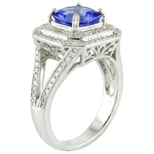 Afbeelding in Gallery-weergave laden, Blauwe Saffier Met Natuurlijke uit de aarde gewonnen Diamanten Halo Ring
