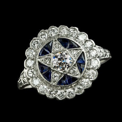 Blauwe Saffier Oude Geslepen Ronde Echt Diamanten Ring Bloem Ster Stijl 3 Karaat