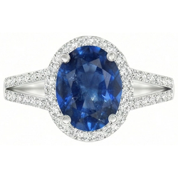 Blauwe ovale saffier ring met accenten Natuurlijke echte diamant ( niet in het laboratorium gekweekt ) wit goud 14K 3,50 Ct