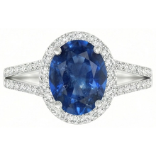 Afbeelding in Gallery-weergave laden, Blauwe ovale saffier ring met accenten Natuurlijke echte diamant ( niet in het laboratorium gekweekt ) wit goud 14K 3,50 Ct
