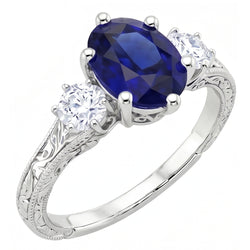 Blauwe saffier 3 stenen ring & Natuurlijke echte diamant ( niet in het laboratorium gekweekt )en 2,50 karaat antieke stijl