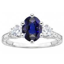 Afbeelding in Gallery-weergave laden, Blauwe saffier 3 stenen ring &amp; Natuurlijke echte diamant ( niet in het laboratorium gekweekt )en 2,50 karaat antieke stijl
