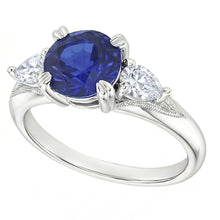 Afbeelding in Gallery-weergave laden, Blauwe saffier 3 stenen ronde saffier ring 1,50 karaat peer Natuurlijke echte diamant ( niet in het laboratorium gekweekt )en
