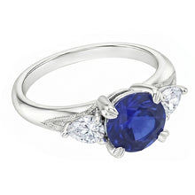 Afbeelding in Gallery-weergave laden, Blauwe saffier 3 stenen ronde saffier ring 1,50 karaat peer Natuurlijke echte diamant ( niet in het laboratorium gekweekt )en
