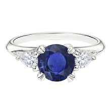 Afbeelding in Gallery-weergave laden, Blauwe saffier 3 stenen ronde saffier ring 1,50 karaat peer Natuurlijke echte diamant ( niet in het laboratorium gekweekt )en
