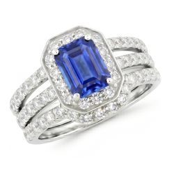 Blauwe saffier Natuurlijke echte diamant ( niet in het laboratorium gekweekt )en verlovingsring set 3.50 karaat Pave Set sieraden