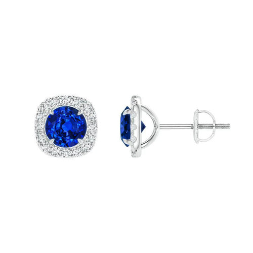 Blauwe Ronde Saffier En Halo Diamanten Oorknopjes