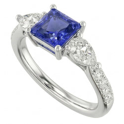Blauwe Saffier Edelsteen Stralende Geslepen Ring Peer & Ronde Diamanten 3 Karaat