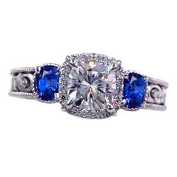 Blauwe Saffier Milligrain Ring Antieke Stijl Patroon 3 Karaat Natuurlijk Diamant