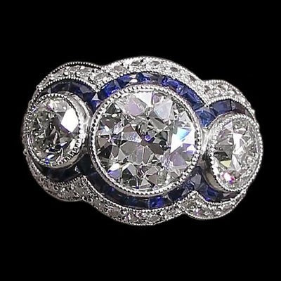 Blauwe Saffier Oude Geslepen ronde Echt Diamanten Ring 3 Stenen stijl 6 Karaat