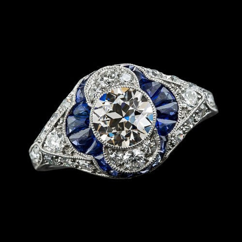 Blauwe Saffier Ronde Oude Mijn Geslepen Echt Diamanten Ring 5 Karaat Goud 14K