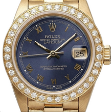 Afbeelding in Gallery-weergave laden, Blauwe Romeinse wijzerplaat Rolex Datumjust presidentiële stijl horloge met diamanten rand

