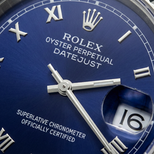Afbeelding in Gallery-weergave laden, Blauwe Romeinse wijzerplaat met gecanneleerde lunette, damesdatum, gewoon Rolex-horloge van roestvrij staal
