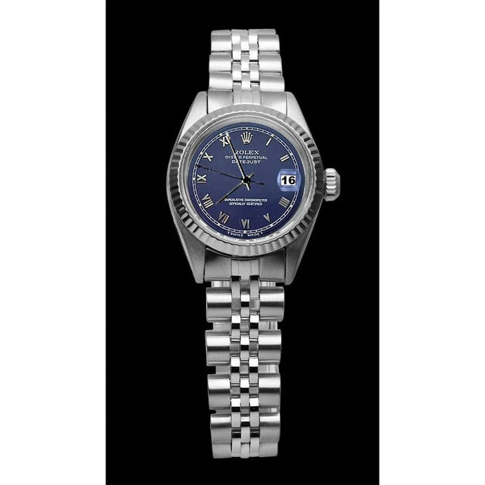Blauwe Romeinse wijzerplaat met gecanneleerde lunette, damesdatum, gewoon Rolex-horloge van roestvrij staal
