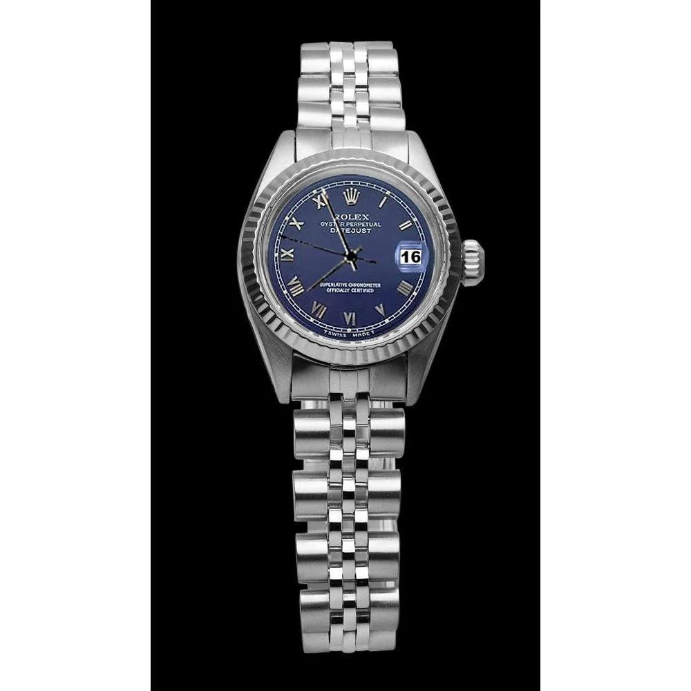Blauwe Romeinse wijzerplaat met gecanneleerde lunette, damesdatum, gewoon Rolex-horloge van roestvrij staal
