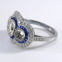 Afbeelding in Gallery-weergave laden, Blauwe Saffier Oude Geslepen ronde Echt Diamanten Ring 3 Stenen stijl 6 Karaat
