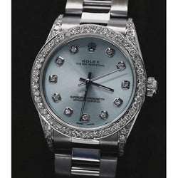 Natuurlijke Blauwe Custom Diamanten Wijzerplaat Midsize No No Date Rolex Horloge Armband RVS