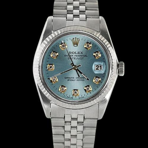 Blauwe diamanten wijzerplaat gecanneleerde Rolex rand herenhorloge Roestvrij stalen jubileumarmband snel ingesteld
