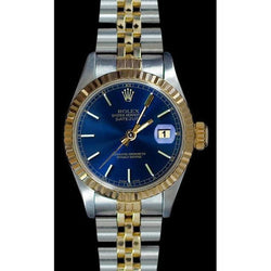 Blauwe stok Wijzerplaat Gecanneleerde Lunette Datumjust Rolex Dameshorloge roestvrij staal & Goud