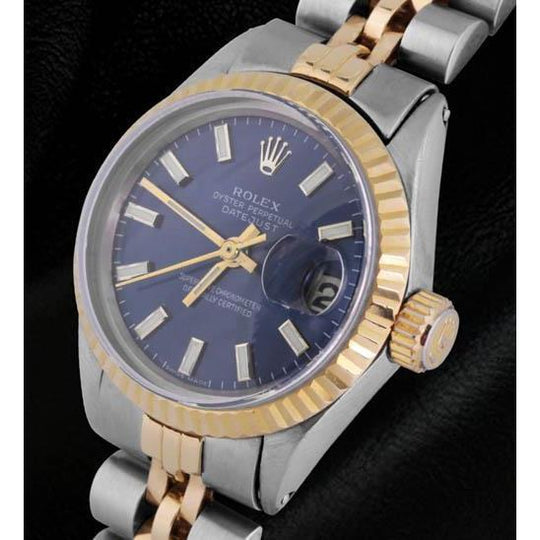 Blauwe stok wijzerplaat horloge Rolex roestvrij staal & gouden jubileum beugel gecanneleerde lunette
