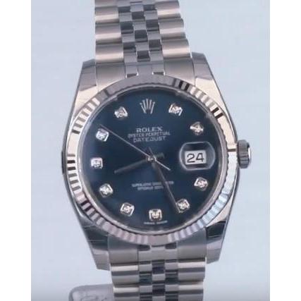 Blauwe wijzerplaat aangepaste diamanten Rolex heren datum kijk gewoon gecanneleerde rand roestvrij staal snel ingesteld
