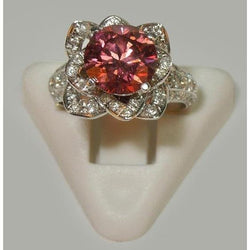 Bloem Stijl 2,51 ct Rood Robijn & Witte Ronde Diamanten Ring Edelsteen