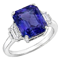 Ceylon Sapphire Edelsteen Ring Trapezium Diamanten 4 Karaat Goud 3 Steen