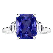 Afbeelding in Gallery-weergave laden, Ceylon Sapphire Edelsteen Ring Trapezium Diamanten 4 Karaat Goud 3 Steen
