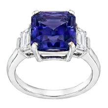 Afbeelding in Gallery-weergave laden, Ceylon Sapphire Edelsteen Ring Trapezium Diamanten 4 Karaat Goud 3 Steen
