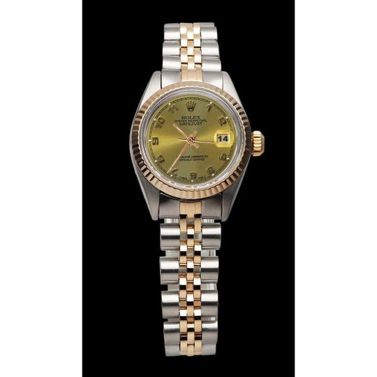 Champagne Arabische wijzerplaat roestvrij staal & Geelgoud jubileum dames Rolex datumjust
