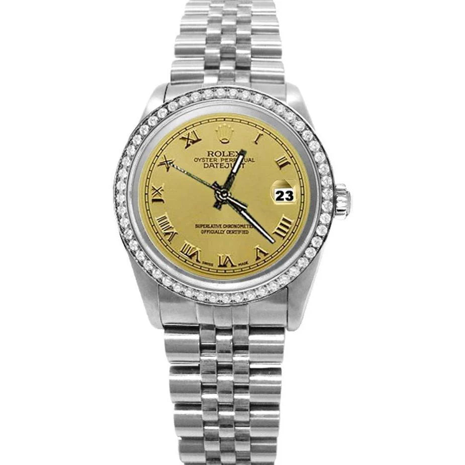 Champagne Romeinse wijzerplaat diamanten rand roestvrij horloge Rolex Datumjust SNELLE INSTELLING
