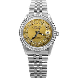 Champagne Snaar diamanten wijzerplaat rand Rolex Datumjust horloge jubileum snel ingesteld