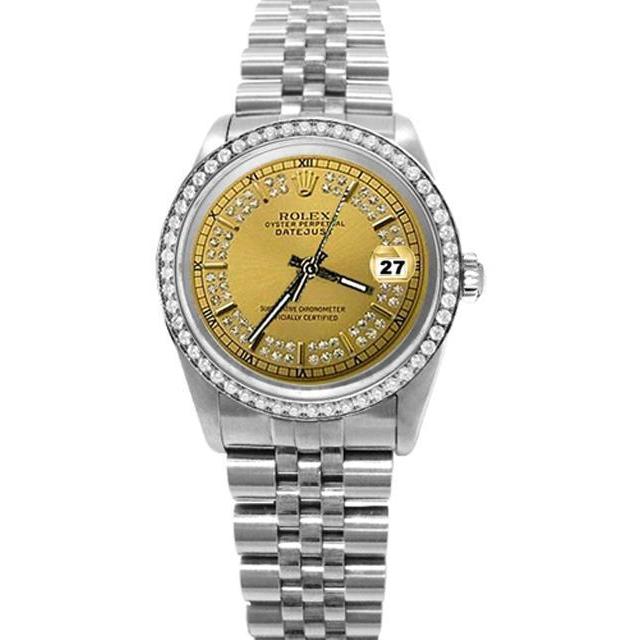 Champagne Snaar diamanten wijzerplaat rand Rolex Datumjust horloge jubileum snel ingesteld
