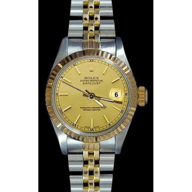 Champagne Stok-wijzerplaat Datumjust dames Rolex roestvrij staal en gouden jubileumrol
