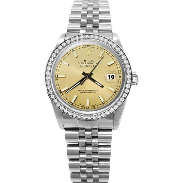 Champagne Stok-wijzerplaat Rolex Datumjust roestvrijstalen diamanten randhorloge snel ingesteld
