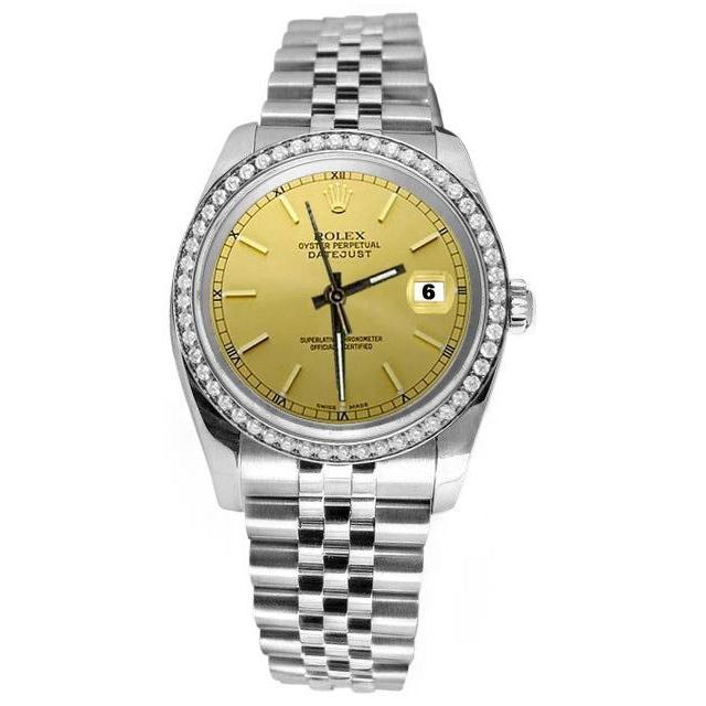 Champagne Stok wijzerplaat diamanten rand Roestvrij staal Horloge jubileum Rolex SNELLE INSTELLING
