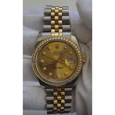 Champagne wijzerplaat aangepaste diamanten Rolex Datumjust herenhorloge goud en roestvrij staal snel ingesteld
