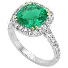 Afbeelding in Gallery-weergave laden, Fijne Smaragd Cushion Gekleurde Steen Ring in Bicolor 14K Goud – profielaanzicht
