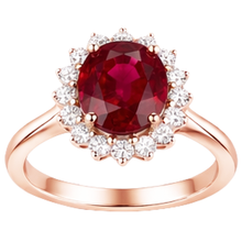 Afbeelding in Gallery-weergave laden, Dames 14K Roségoud Ovaal Geslepen Robijn IGI GECERTIFICEERD en Rond Geslepen Diamanten Ring 8.50 Ct
