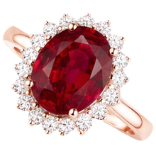 Afbeelding in Gallery-weergave laden, Dames 14K Roségoud Ovaal Geslepen Robijn IGI GECERTIFICEERD en Rond Geslepen Diamanten Ring 8.50 Ct
