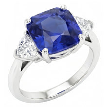 Afbeelding in Gallery-weergave laden, Dames Drie Stenen Ring Asscher Ceylon Saffier &amp; Natuurlijke uit de aarde gewonnen Diamanten 4.50 Karaat
