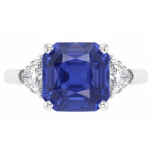 Afbeelding in Gallery-weergave laden, Dames Drie Stenen Ring Asscher Ceylon Saffier &amp; Natuurlijke uit de aarde gewonnen Diamanten 4.50 Karaat
