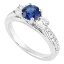 Afbeelding in Gallery-weergave laden, Dames 3 stenen stijl Natuurlijke echte diamant ( niet in het laboratorium gekweekt )en ring ronde blauwe saffier goud 5 karaat
