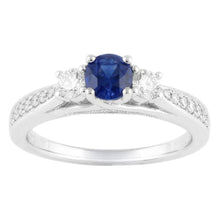 Afbeelding in Gallery-weergave laden, Dames 3 stenen stijl Natuurlijke echte diamant ( niet in het laboratorium gekweekt )en ring ronde blauwe saffier goud 5 karaat
