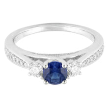 Afbeelding in Gallery-weergave laden, Dames 3 stenen stijl Natuurlijke echte diamant ( niet in het laboratorium gekweekt )en ring ronde blauwe saffier goud 5 karaat
