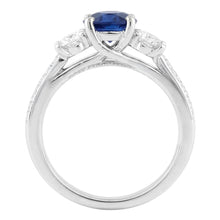 Afbeelding in Gallery-weergave laden, Dames 3 stenen stijl Natuurlijke echte diamant ( niet in het laboratorium gekweekt )en ring ronde blauwe saffier goud 5 karaat
