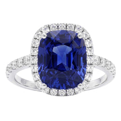 Dames Halo Ring met uit de aarde gewonnen Diamant en Kussen Geslepen Blauwe Saffier Verlovingsring 9.75 Karaat